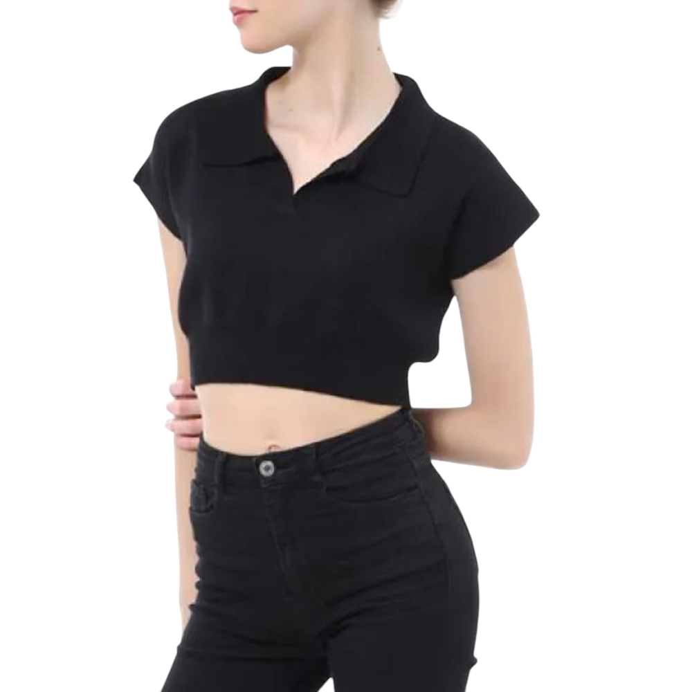 Elegant Black Cropped Polo Top